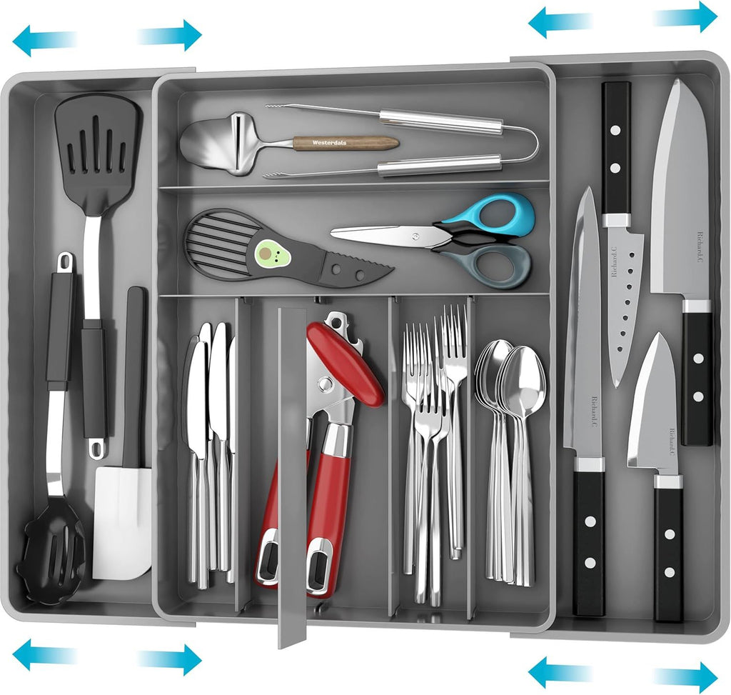 Expandable Kitchen Drawer Flatware Organizer, Gray – Adjustable Cutlery Tray with 9 Compartments for Utensils and Silverware