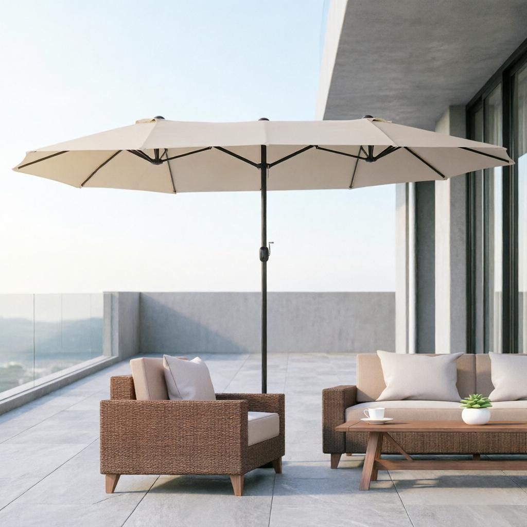 Extra Large 15ft Double-Sided Patio Umbrella with Crank Handle Cream White for Deck Lawn Backyard Pool Outdoor Market