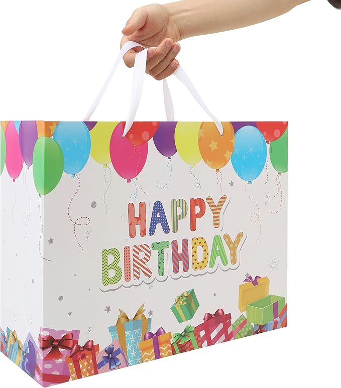 Extra Large Birthday Gift Bag Set with Handles, Greeting Card, Pink Tissue Papers and Stickers for Girls Boys Kids Women Men, Colorful Balloons Gifts Design, 1 Pcs