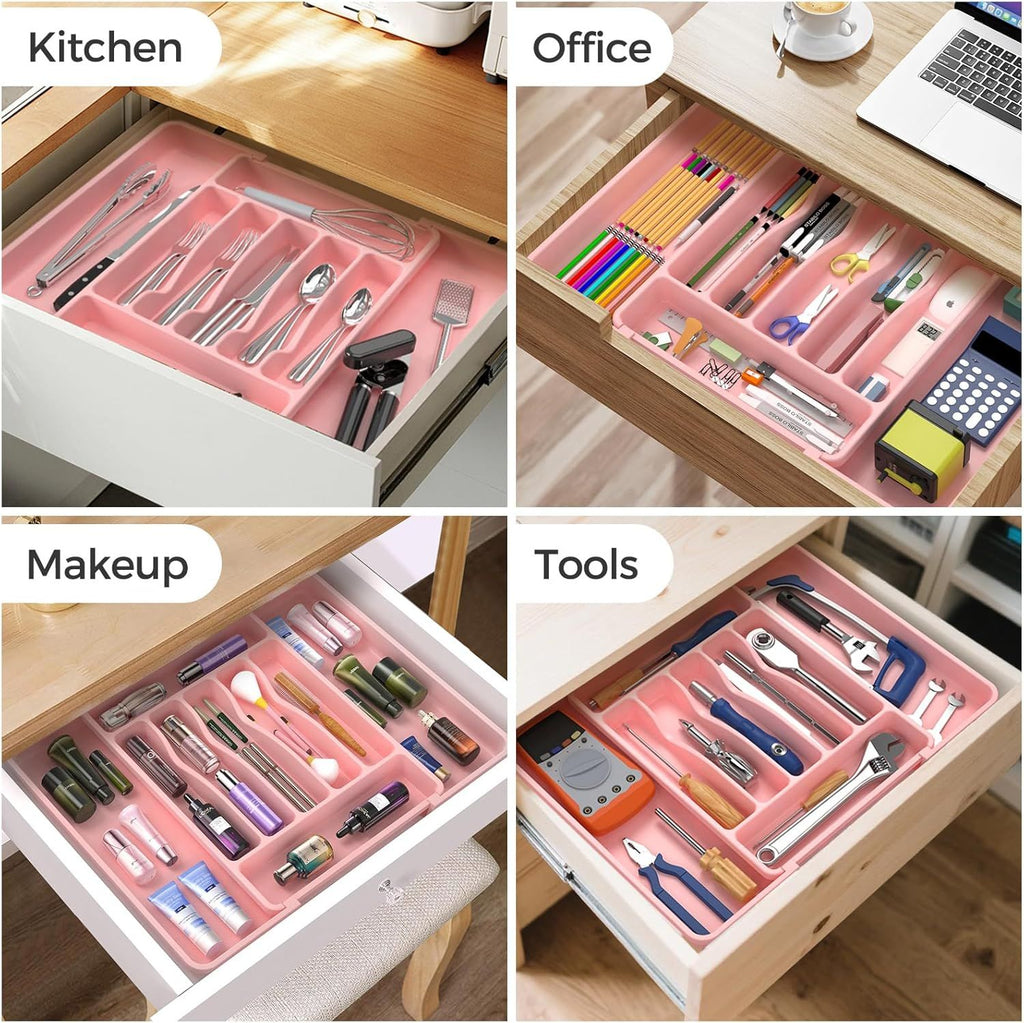 Extra Large Expandable Silverware Organizer, BPA-Free Food-Safe Cutlery Flatware Organizer, Kitchen Utensil Drawer Organizer, Adjustable Silverware Holder for Spoons Forks Knives, Pink