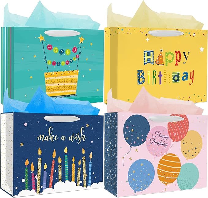 Extra Large Happy Birthday Gift Bags with Tissue Paper, 4 Pack Paper Gift Bags with Handles for Birthday Gift