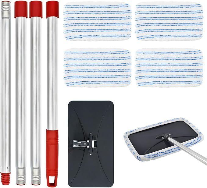 Extra Large Microfiber Flat Mop with 4 Reusable Mop Pads for Floor Cleaning,4-Section Stainless Steels Mops Handle&15.2x8.1 Falt Mops,Reusable&Washable Microfiber mop Refills for Wet & Dry Use