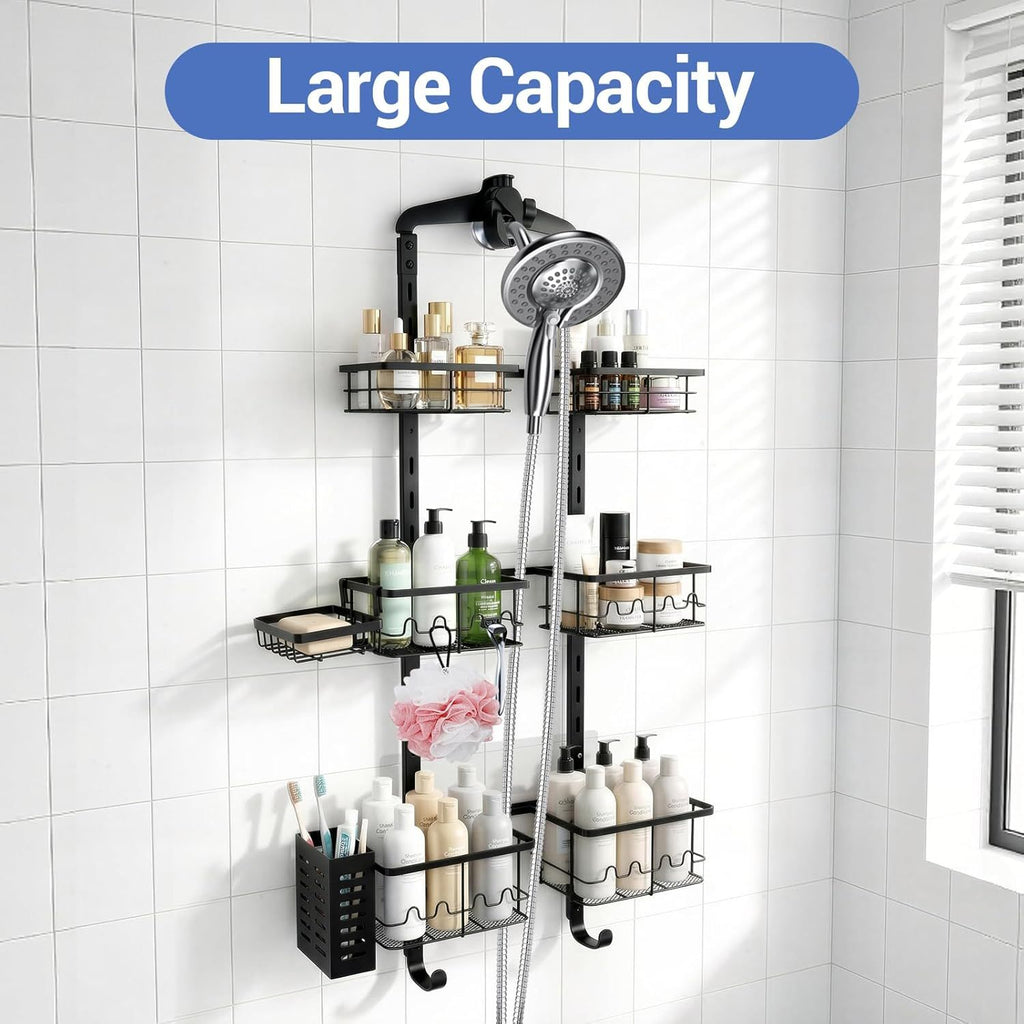 Extra Large Shower Caddy Hanging, Rust-Resistant Shower Organizer Hanging, 3 Tier Height-Adjustable Over the Head Caddy, Rack with Soap Basket (Black)