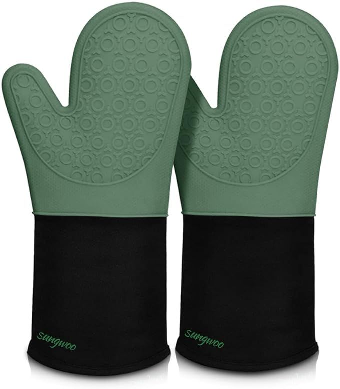 Extra Long Silicone Oven Mitts, Heat Resistant Oven Gloves with Quilted Liner Non-Slip Textured Grip Perfect for BBQ, Baking and Cooking - 1 Pair 14.6 Inch Midnight Green & Black