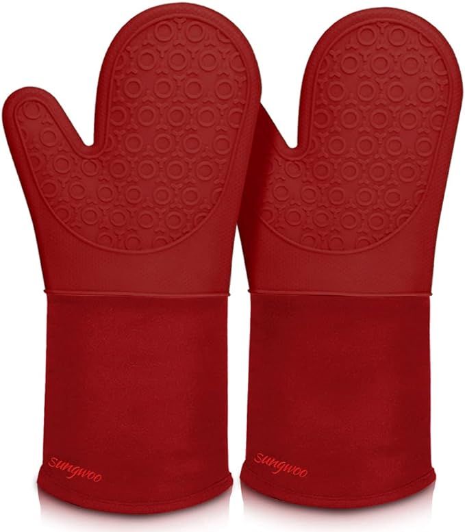 Extra Long Silicone Oven Mitts, Heat Resistant Oven Gloves with Quilted Liner Non-Slip Textured Grip Perfect for BBQ, Baking, Cooking and Grilling - 1 Pair 14.6 Inch Empire Red