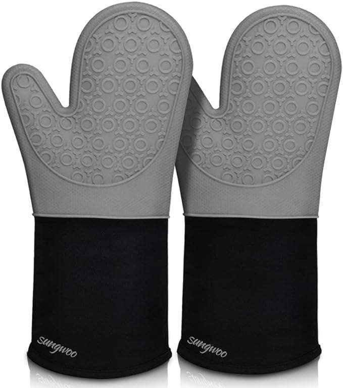 Extra Long Silicone Oven Mitts, Heat Resistant Oven Gloves with Quilted Liner Non-Slip Textured Grip Perfect for BBQ, Baking, Cooking and Grilling - 1 Pair 14.6 Inch Grey & Black