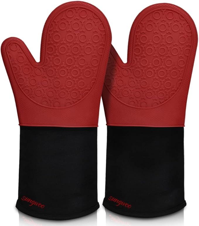 Extra Long Silicone Oven Mitts, Heat Resistant Oven Gloves with Quilted Liner Non-Slip Textured Grip Perfect for BBQ, Baking, Cooking and Grilling - 1 Pair 14.6 Inch Red & Black