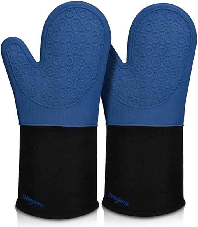 Extra Long Silicone Oven Mitts, Heat Resistant Oven Gloves with Quilted Liner Non-Slip Textured Grip Perfect for BBQ, Baking, Cooking and Grilling - 1 Pair 14.6 Inch Royal Blue & Black