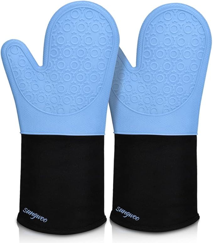 Extra Long Silicone Oven Mitts, Heat Resistant Oven Gloves with Quilted Liner Non-Slip Textured Grip Perfect for BBQ, Baking, Cooking and Grilling - 1 Pair 14.6 Inch Sky Blue & Black