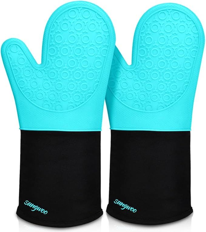 Extra Long Silicone Oven Mitts, Heat Resistant Oven Gloves with Quilted Liner Non-Slip Textured Grip Perfect for BBQ, Baking, Cooking and Grilling - 1 Pair 14.6 Inch Turquoise & Black
