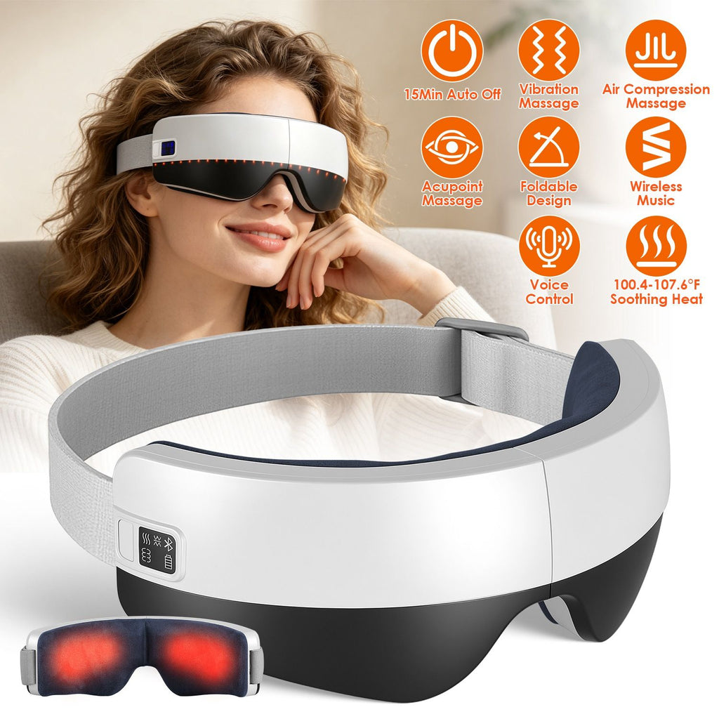 Eye Massager with Heat Air Compression & Vibration Voice Control 4 Massage Modes Wireless Music Playback Foldable Eye Massage Mask with Adjustable Intensity Ambient Light 15-Min Auto Timer