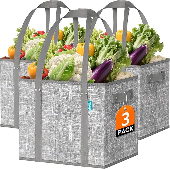 Fab totes Reusable Grocery Bags, Large Foldable Shopping Tote Bags with Reinforced Handles & Hard Bottom,3 Pack