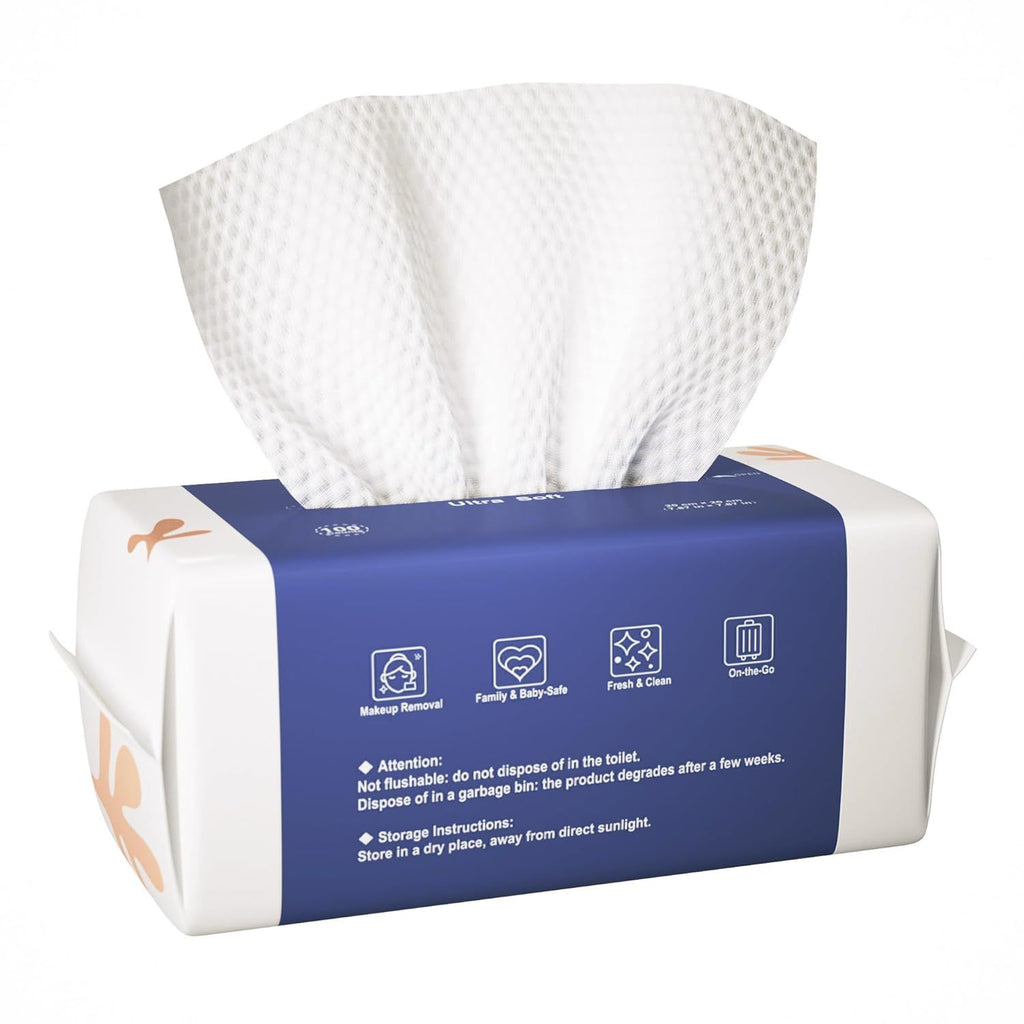 Face Towels, Disposable Biodegradable Clean Facial Towels for Sensitive Skin, Lint- free Face Cloths for Makeup Remover, Skincare and Women Cleaning, Dry Wipes,100 Count Dot Texture