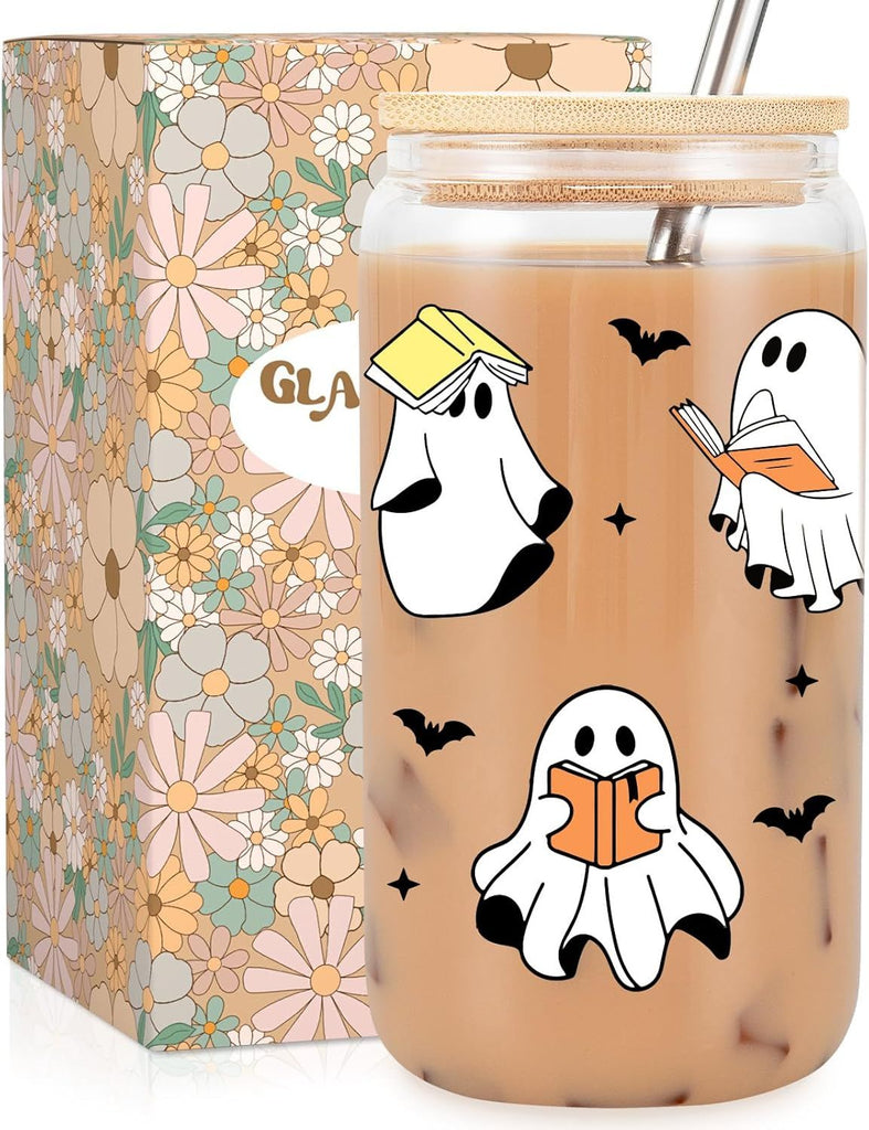 Fairy's Gift Ghost Reader Halloween Cup, Cute Spooky Gifts for Book Lovers, 16 oz Iced Coffee Tumbler Cup w/Lid Straw, Book Themed Bookworm Bookish Reading Halloween Gifts for Women Librarian Reader