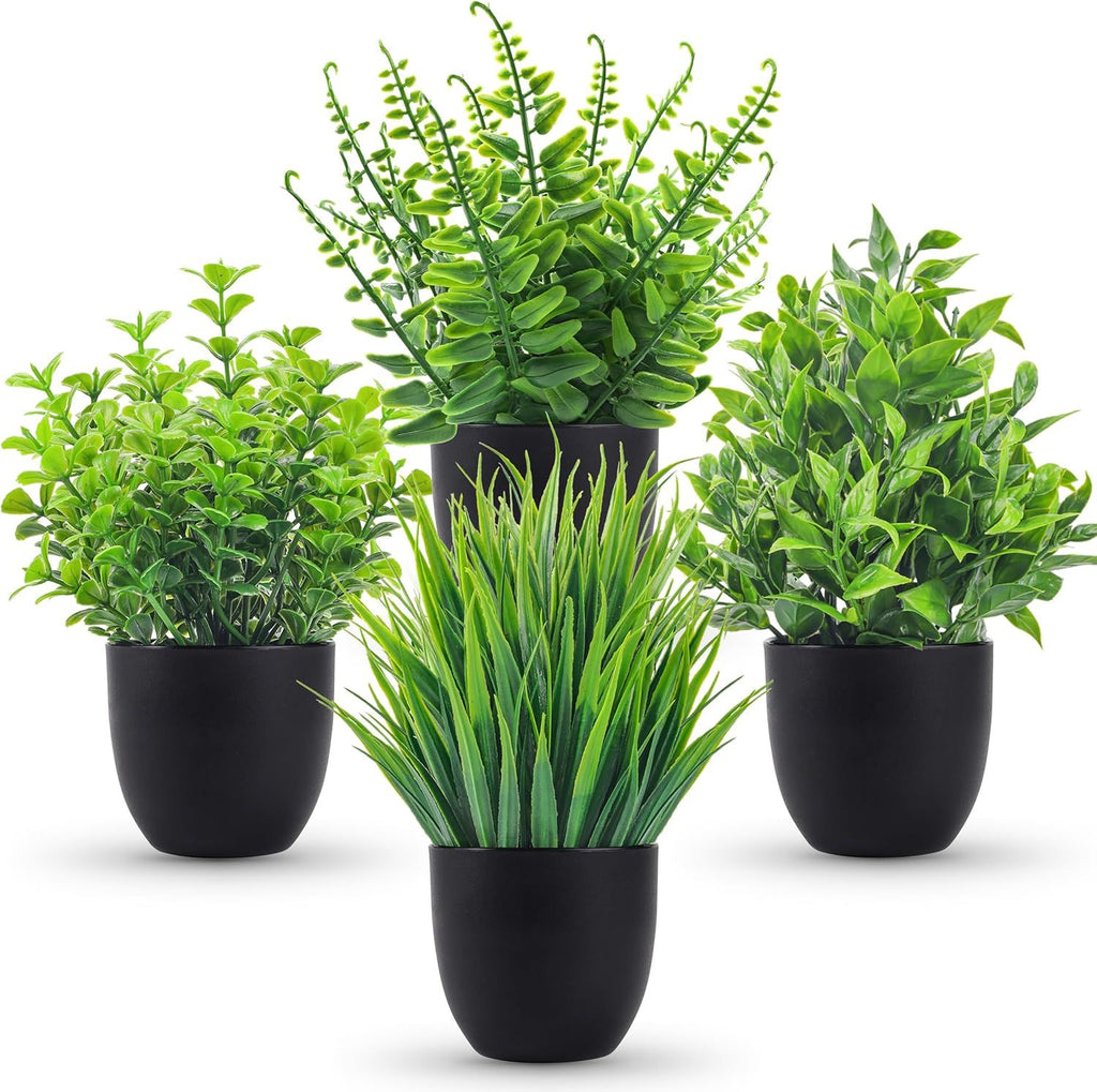 Fake Plants 4 Packs Artificial Plants Small Faux Plants Black Bathroom Accessories for Bathroom Home Kitchen Coffee Table Office Desk Decor Indoor
