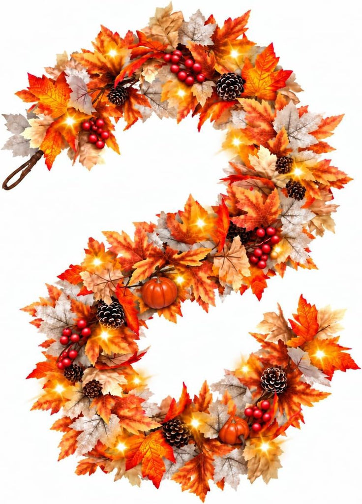 Fall Garland with Lights, 6 FT Maple Leaves with Pumpkins and Timer