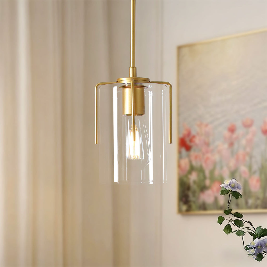 Farmhouse Gold Pendant Light, 1-Light Clear Glass Kitchen Island Light for Dining Table, Adjustable Modern Hanging Ceiling Fixture for Entryway, Hallway, Bedroom