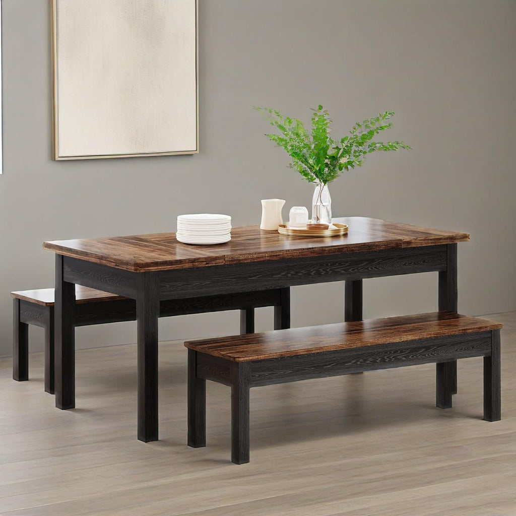 Farmhouse Kitchen Table Set for 4-6, 55-Inch Wooden Dining Table with 2 Benches, Space Saving 3 Pieces Heavy Duty Dinette