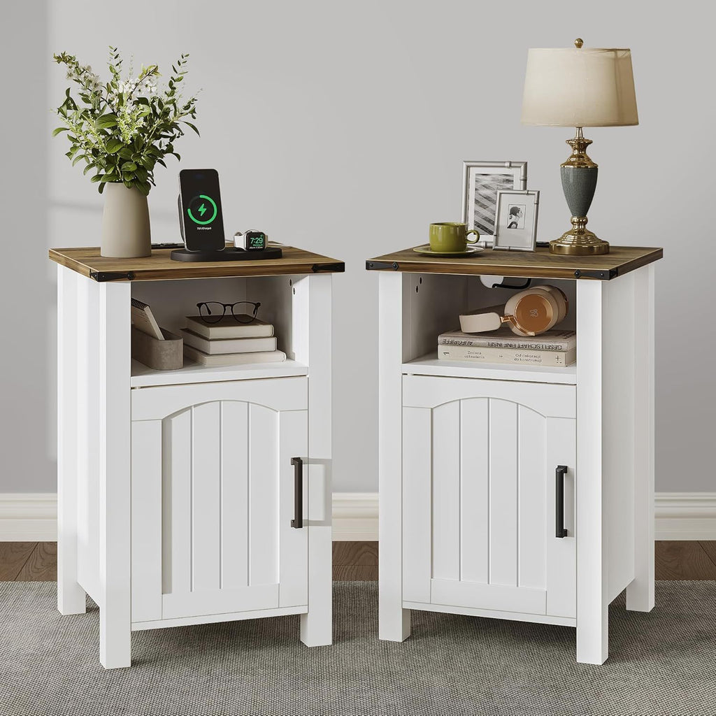Farmhouse Nightstand with Charging Station, Set of 2, Wood Bedside Table with Storage & Open Compartment, Side End Table for Bedroom, Rustic White and Brown