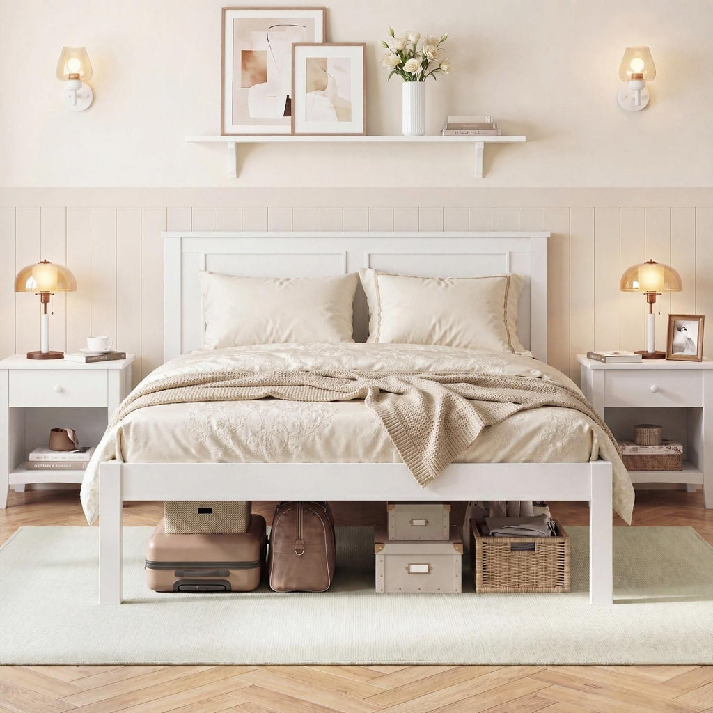 Farmhouse Style Wooden Platform Bed Frame Twin Size with Headboard White-Only the bed frame