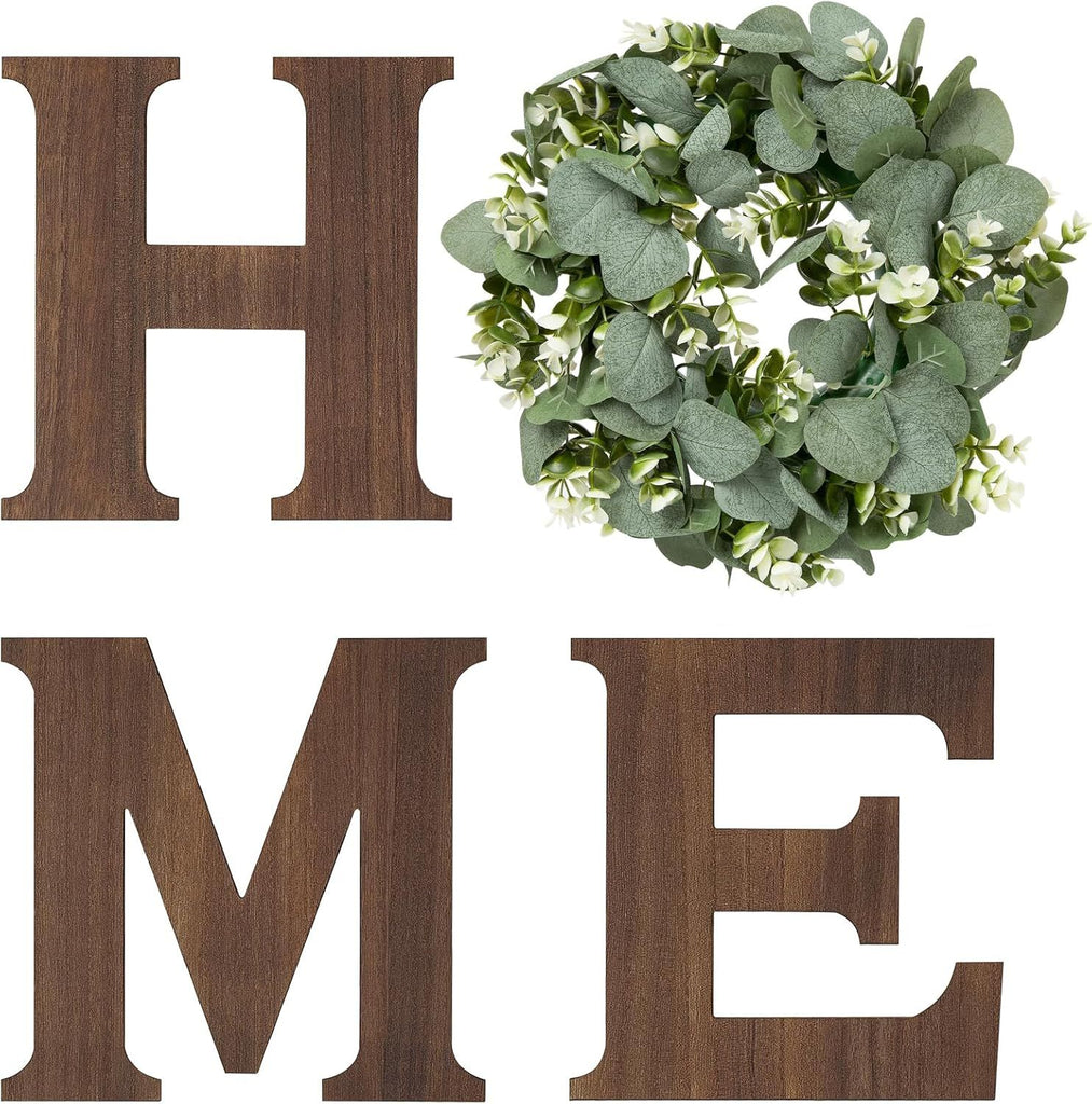 Farmhouse Wall Home Sign with Artificial Eucalyptus for O Rustic Wooden Hanging Letters Decorative Wall Art Decor for Living Room Kitchen Entryway Housewarming Gift, Brown