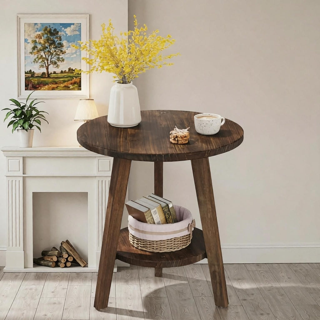 Farmhouse Wood round End Table Sofa Side Table with Storage Shelf for Living Room Decor
