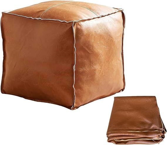 Faux Leather Unstuffed Pouf Ottoman – Square Floor Cushion Cover with Zipper Wear-Resistant & Easy to Clean Ideal for DIY Footrest or Home Storage