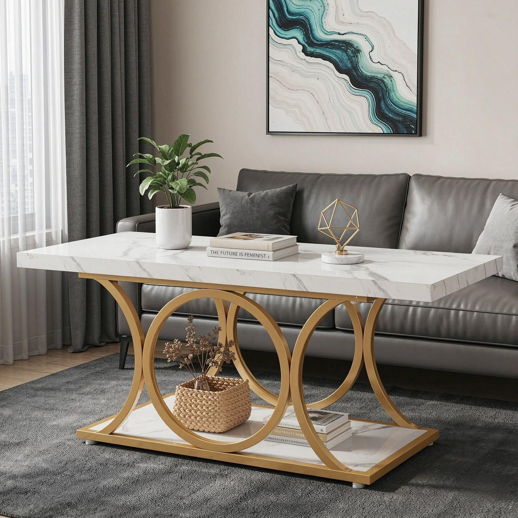 Faux Marble Coffee Table with Storage Shelf Modern Simple Style Living Room Center Table  Living Room Decor