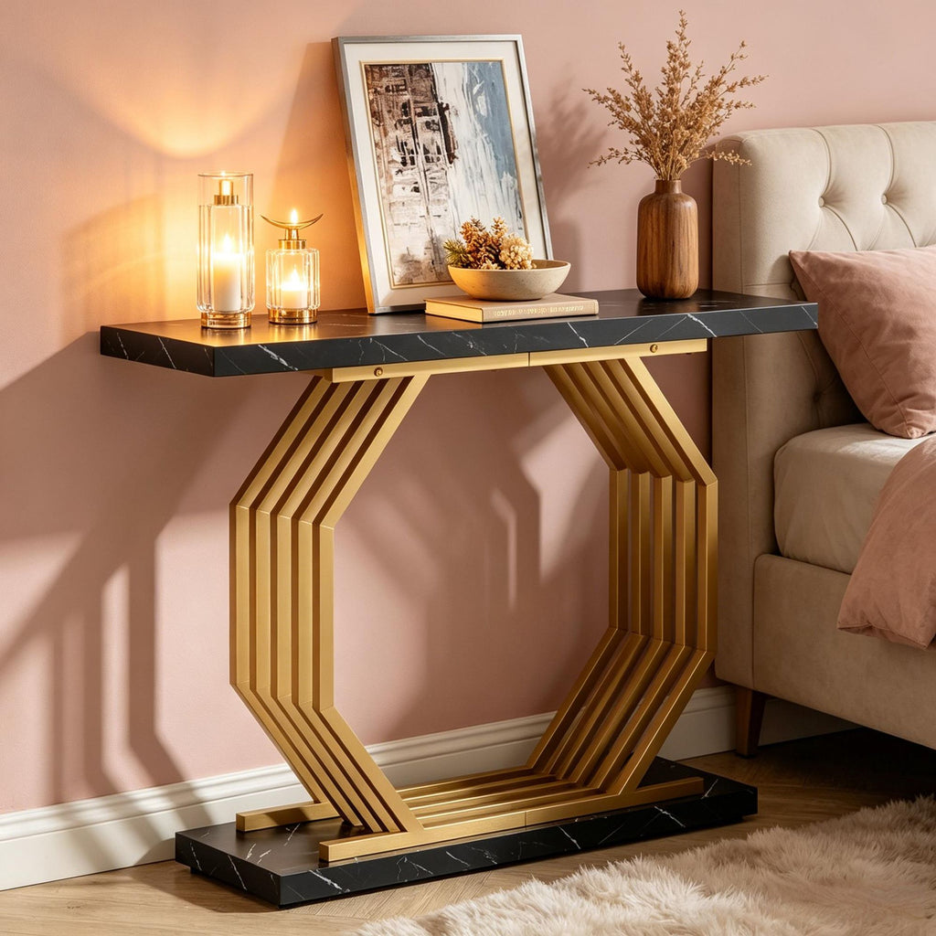 Faux Marble Console Table 40 Inch Geometric Metal Base Sofa Accent Table Home Decor Living Room Furniture