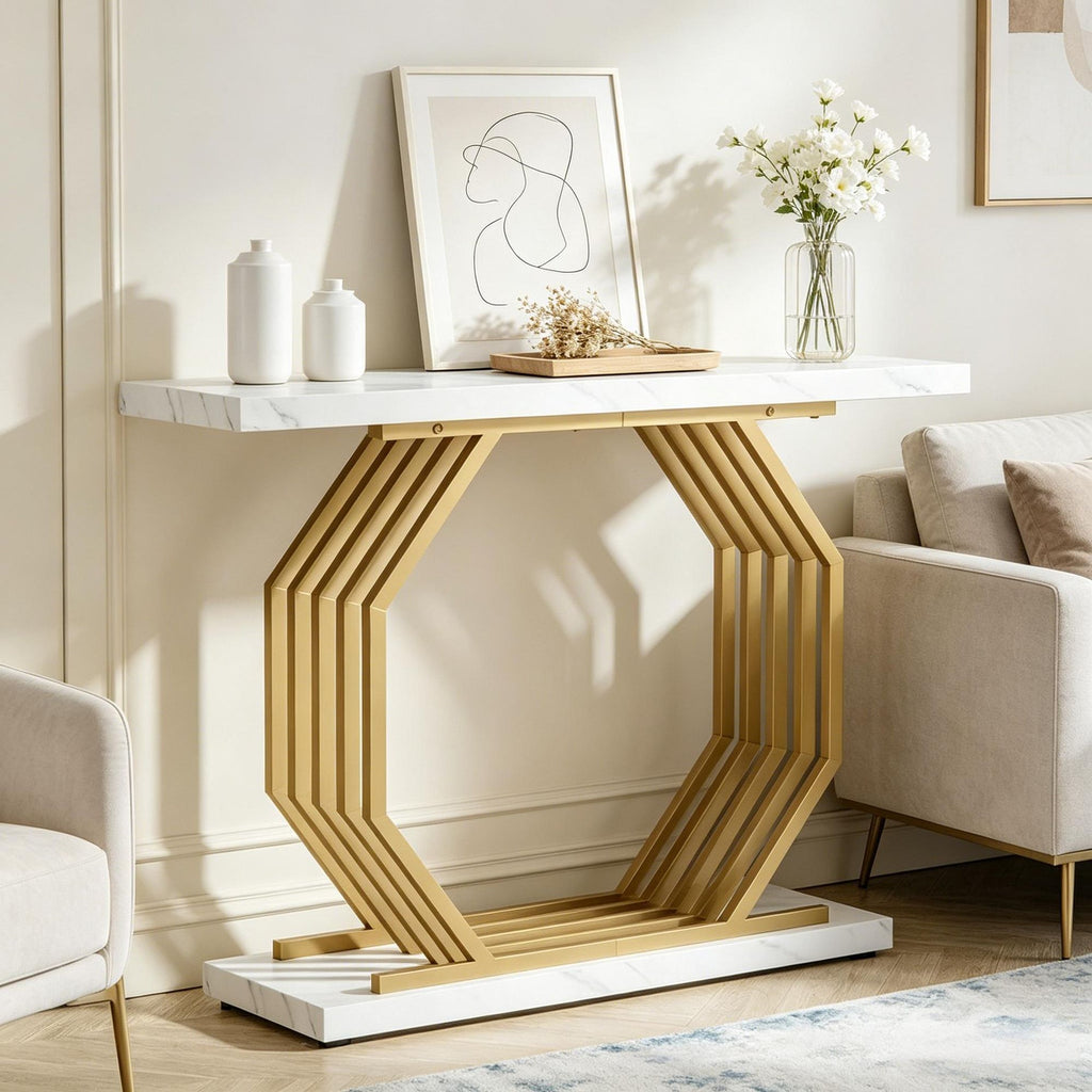 Faux Marble Console Table 40 Inch Geometric Metal Base Sofa Accent Table Home Decor Living Room Furniture