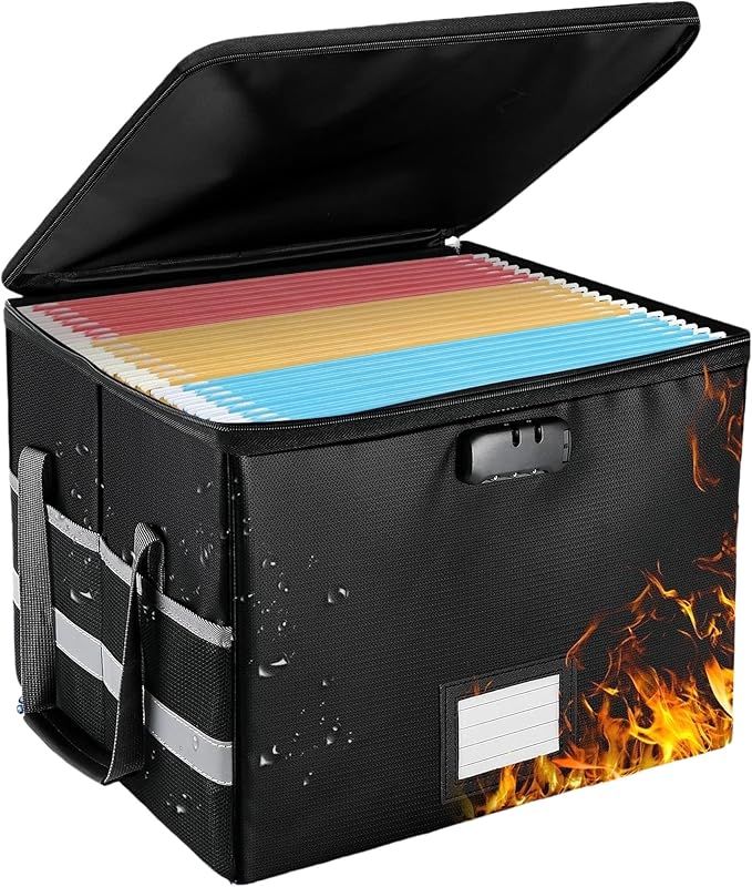 File Box with Lock, Fireproof File Document Organizer for Home Office Hanging Letter/Legal Folder (Black)