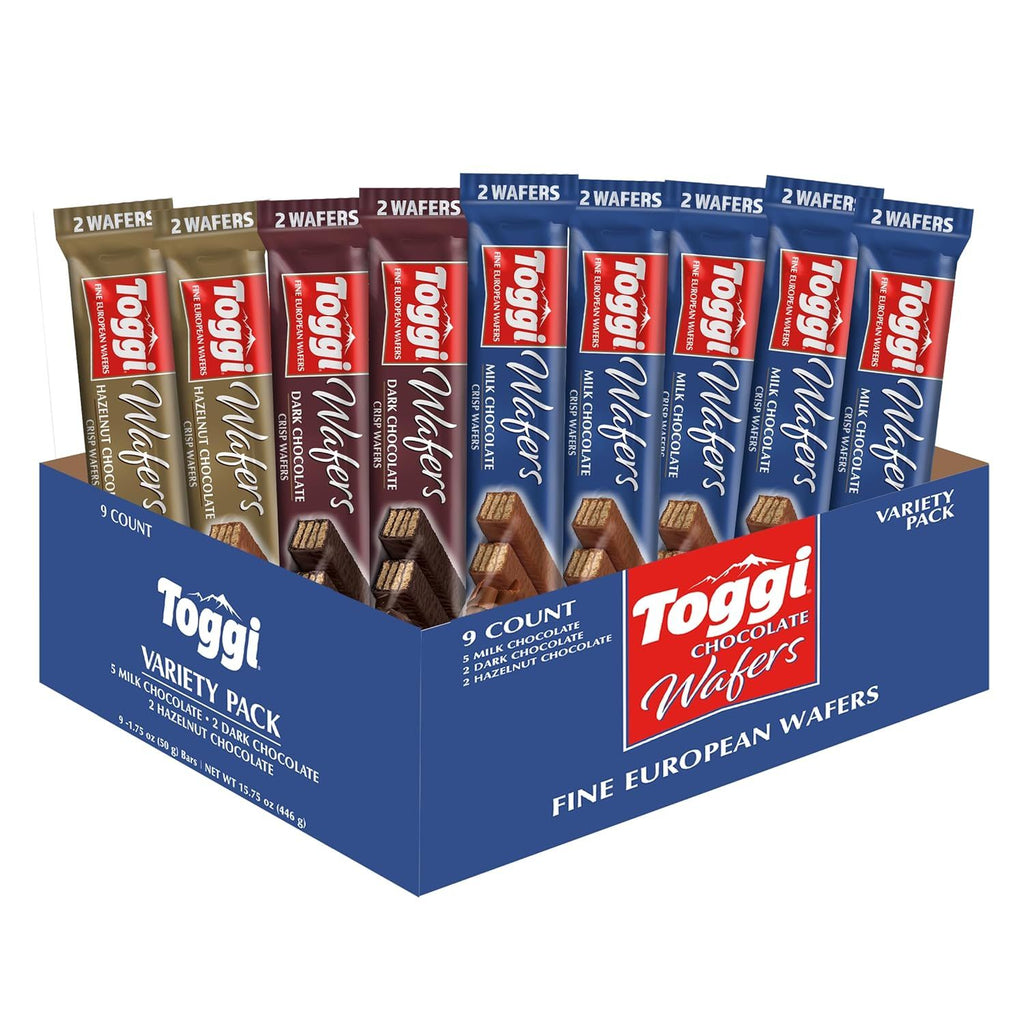 Fine European Chocolate Wafers, Variety Snack Box, Milk Chocolate, Dark Chocolate, and Hazelnut  1.75 oz 9 Count