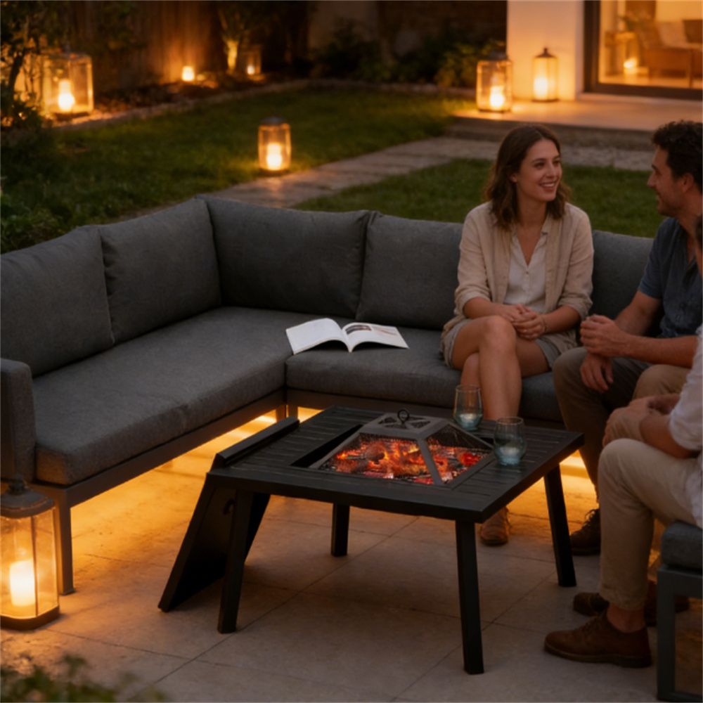 Fire pit with grill, outdoor fireplace, black