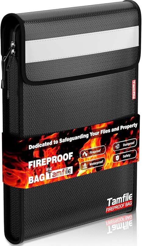 Fireproof Document Bag with Zipper, Waterproof Fireproof Money Bag with 2 Pockets, Safe Important Document Organizer  Legal Letter Size, Valuables, Legal Documents Black