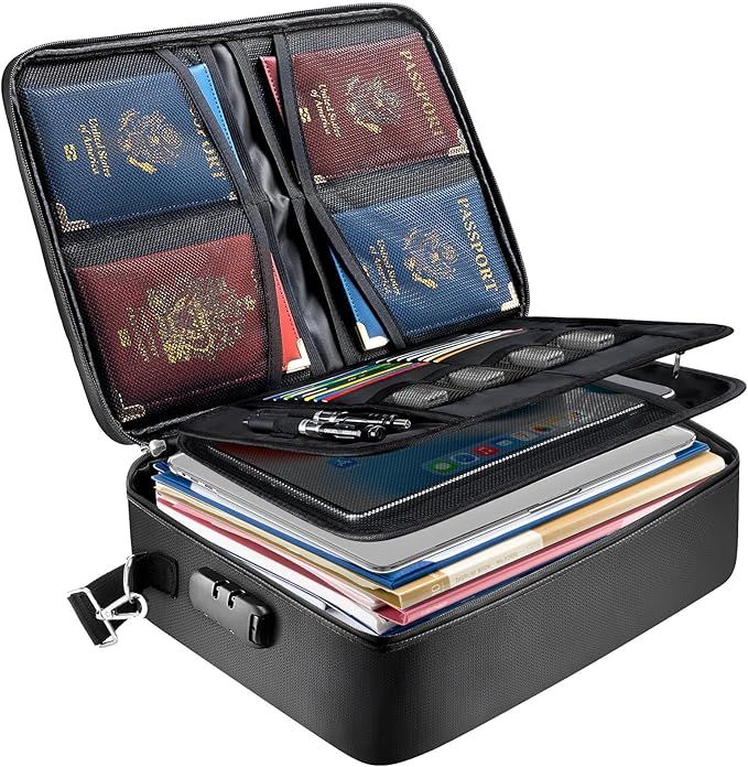 Fireproof Document Box with Lock, Portable Fireproof Document Bag Waterproof Fire Proof File Boxes for Documents, File Organizer Box for Important Paperwork (Black,