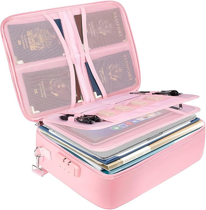 Fireproof Document Box with Lock, Portable Fireproof Document Bag Waterproof Fire Proof File Boxes for Documents, File Organizer Box for Important Paperwork (Pink,