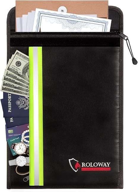 Fireproof Envelope for Cash, Legal Documents Safe with 2 Pockets & Waterproof Zipper, Black