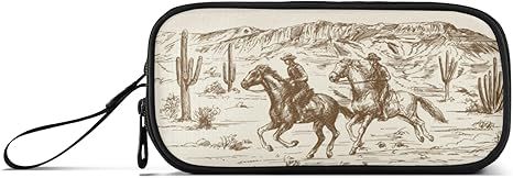 Fisyme Western Desert Cowboy Pencil Case Large Capacity Pen Box Makeup Pouch Holder Organizer Stationery Bag for Office School College Traval Adults