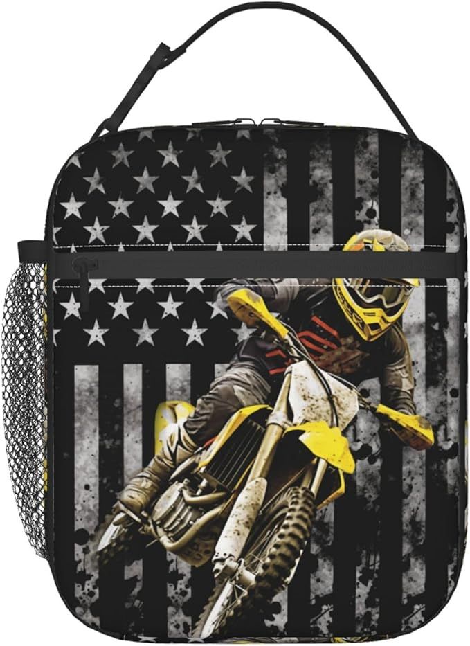 Flag Motorcycle Lunch Bag Insulated Reusable Lunch Box Thermal Cooler Tote For Men Women Work Travel Picnic Hiking