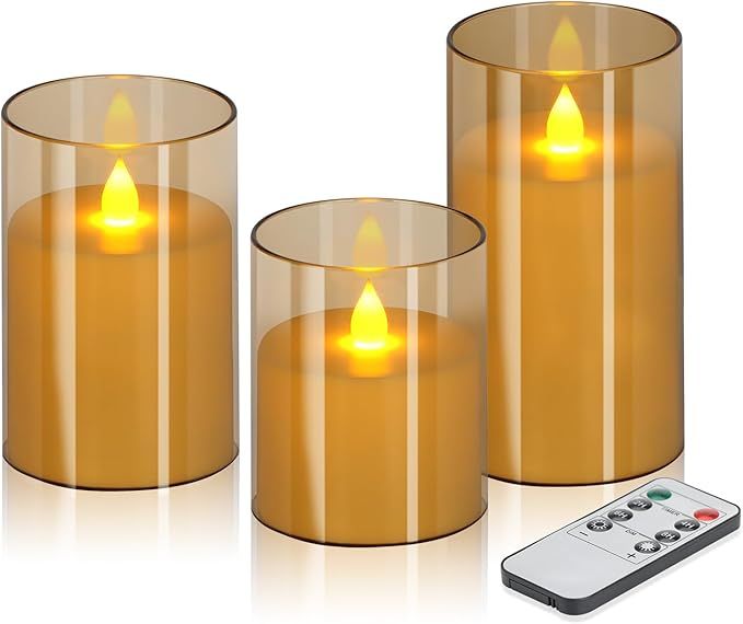Flameless Candles 4" 5" 6" Set of 3 Acrylic Glass Pillars 3" Diameter Battery Operated Flickering Candles Include 10-Key Remote with Timer Function 400+ Hours (Amber, Warm Light 3 Pack)