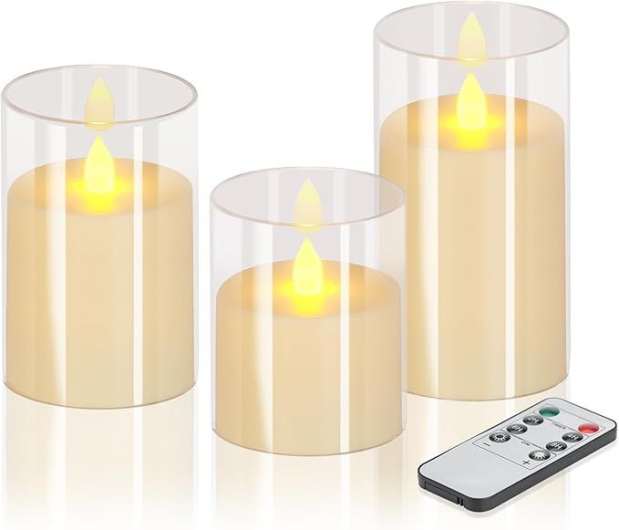 Flameless Candles 4" 5" 6" Set of 3 Acrylic Glass Pillars 3" Diameter Battery Operated Flickering Candles Include 10-Key Remote with Timer Function 400+ Hours (Pure White, Warm Light 3 Pack)