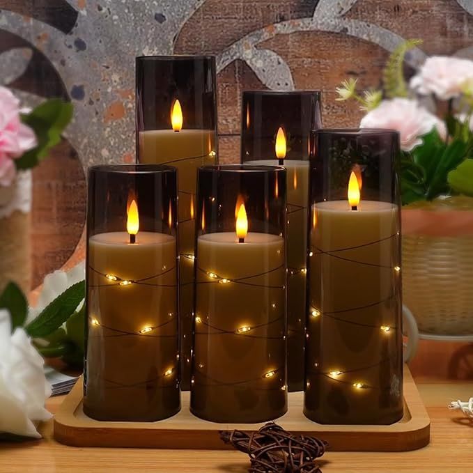 Flameless LED Candles with Timer 5 Pc Flickering Flameless Candles for Romantic Ambiance and Home Decoration Stable Acrylic Shell with Embedded Star String Battery Operated Candles Grey