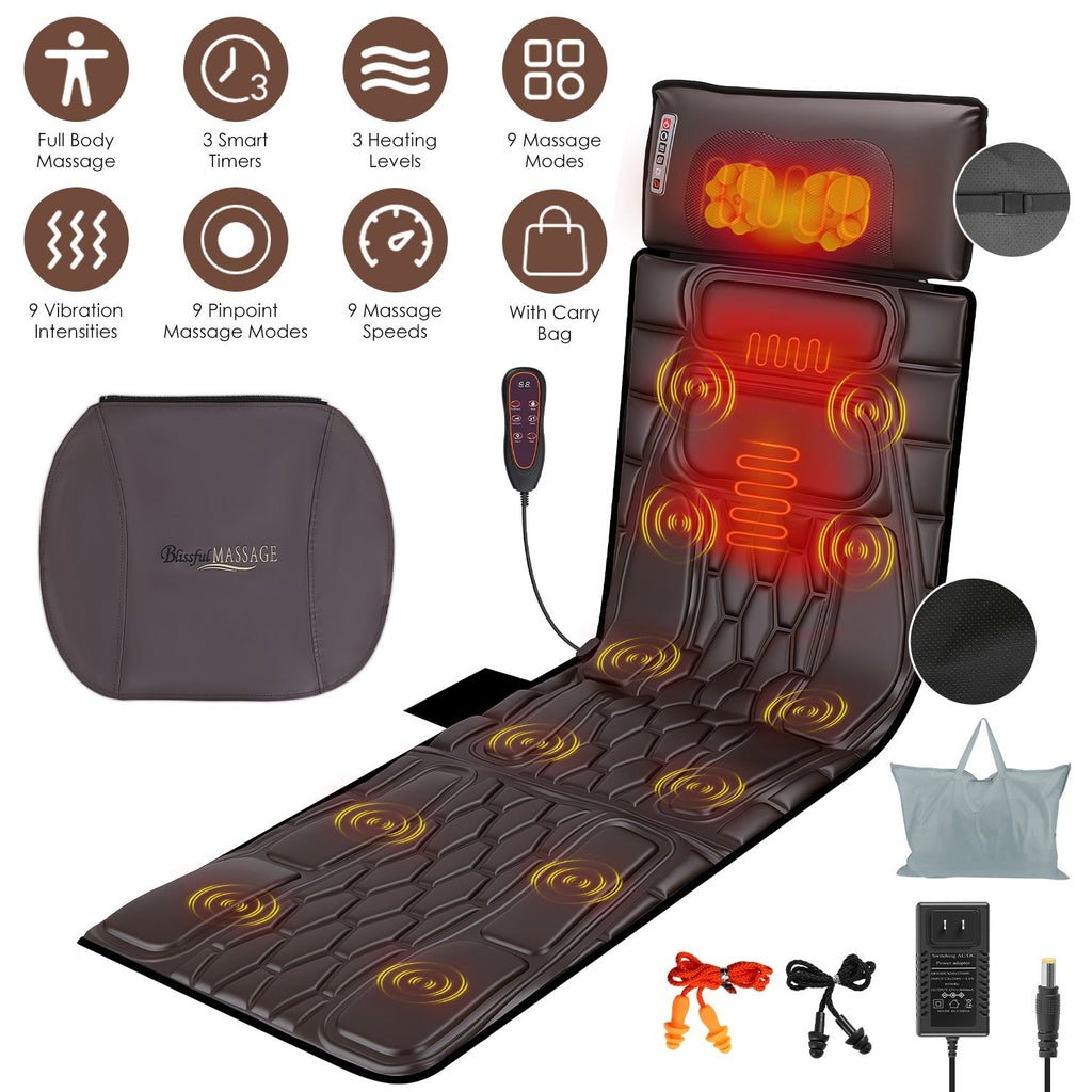 Flannel / PU Material Options - 1 Pc Full Body Massage Mat Multifunctional Massage Chair Pad with Heat Timer Shiatsu Neck Massager Carry Bag Earplugs Anti-Slip Bottom for Reclining Chair