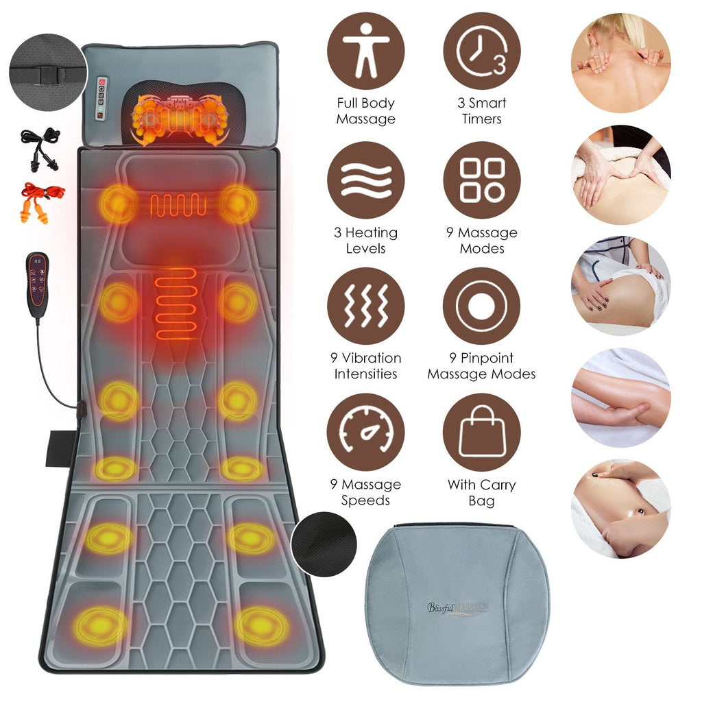 Flannel / PU Material Options - 1 Pc Full Body Massage Mat Multifunctional Massage Chair Pad with Heat Timer Shiatsu Neck Massager Carry Bag Earplugs Anti-Slip Bottom for Reclining Chair