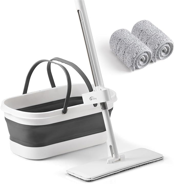 Flat Mop and Collapsible Bucket OG7 with Wheels, 2 Washable Reusable Microfiber Pads, Pure White