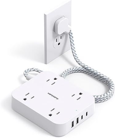 Flat Plug Extension Cord,  5ft Power Strip with 4 USB Ports(2 USB C), 4 Widely Outlets Extender, Wall Mount, Desk Charging Station for Office School