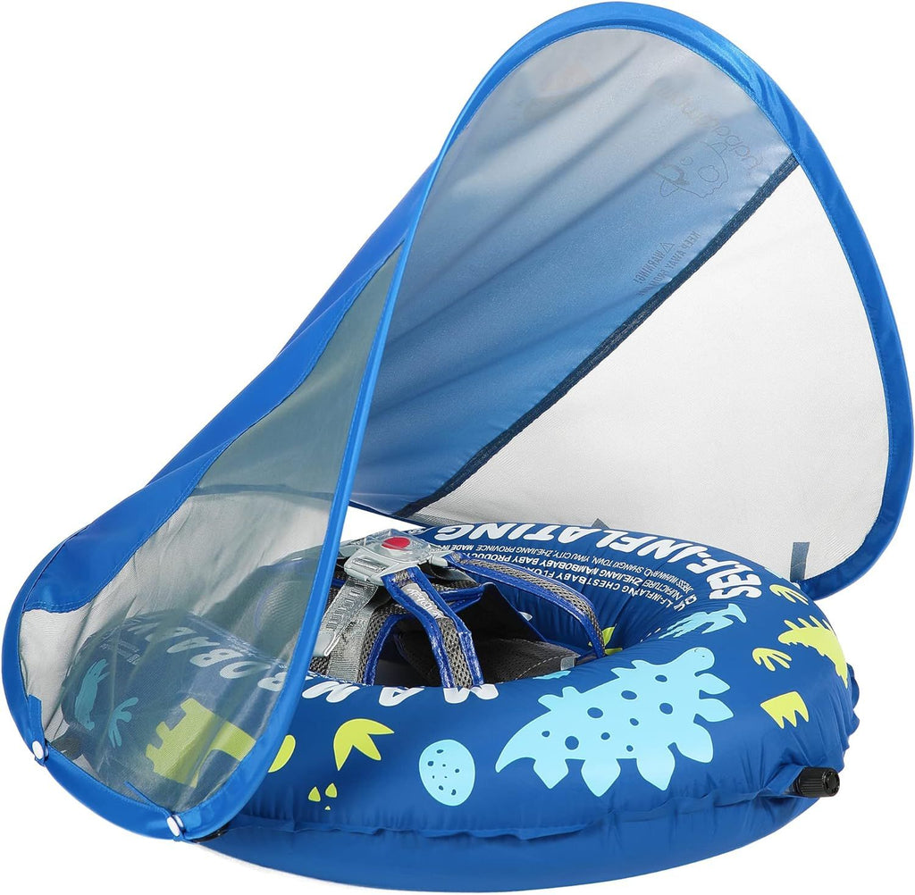 Float Self-Inflating Baby Swim Float with Canopy, Compressible Folding Pool Baby Float, Upgrade Soft Waterproof Skin-Friendly Material Toddler Swim Float