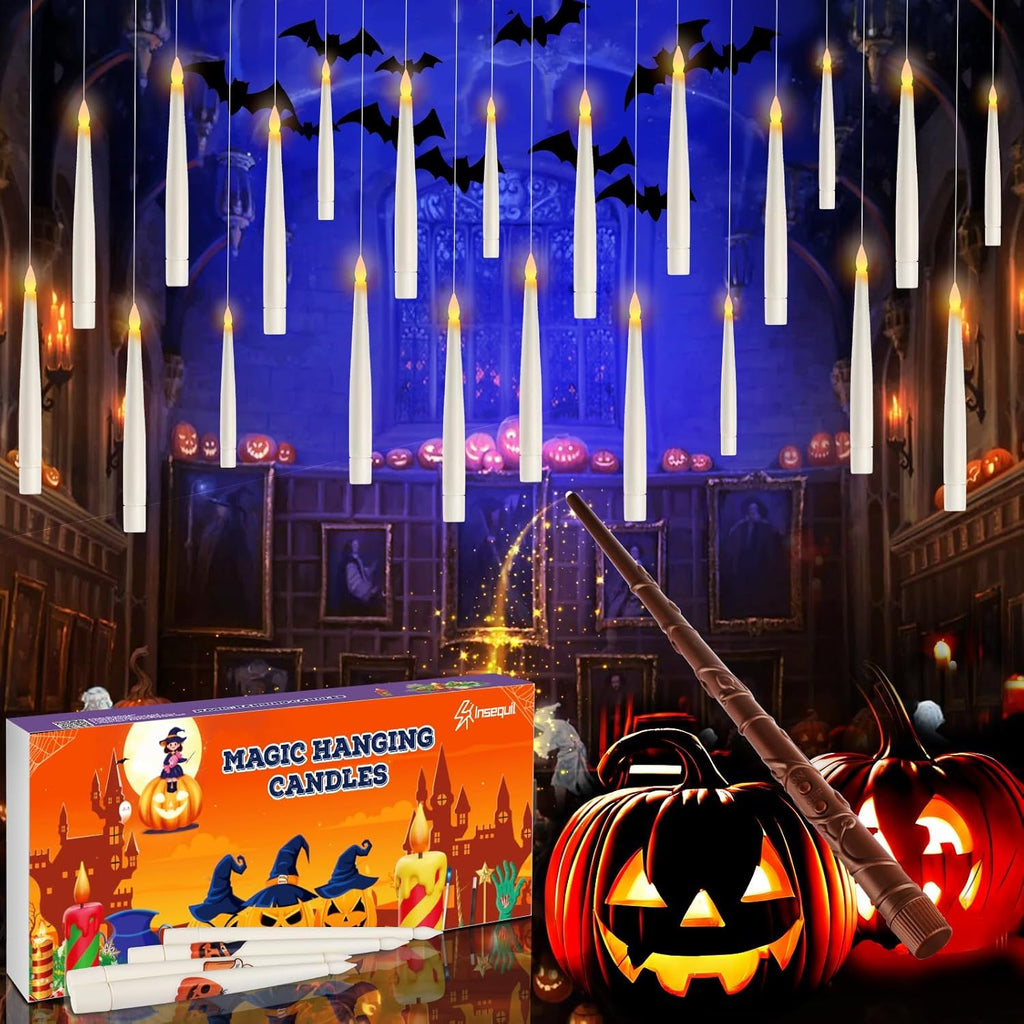 Floating Candles with Wand Remote, 20 Pcs Magic Halloween Hanging Candles, Flickering Warmer Light Flameless LED Candles with DIY Sticker