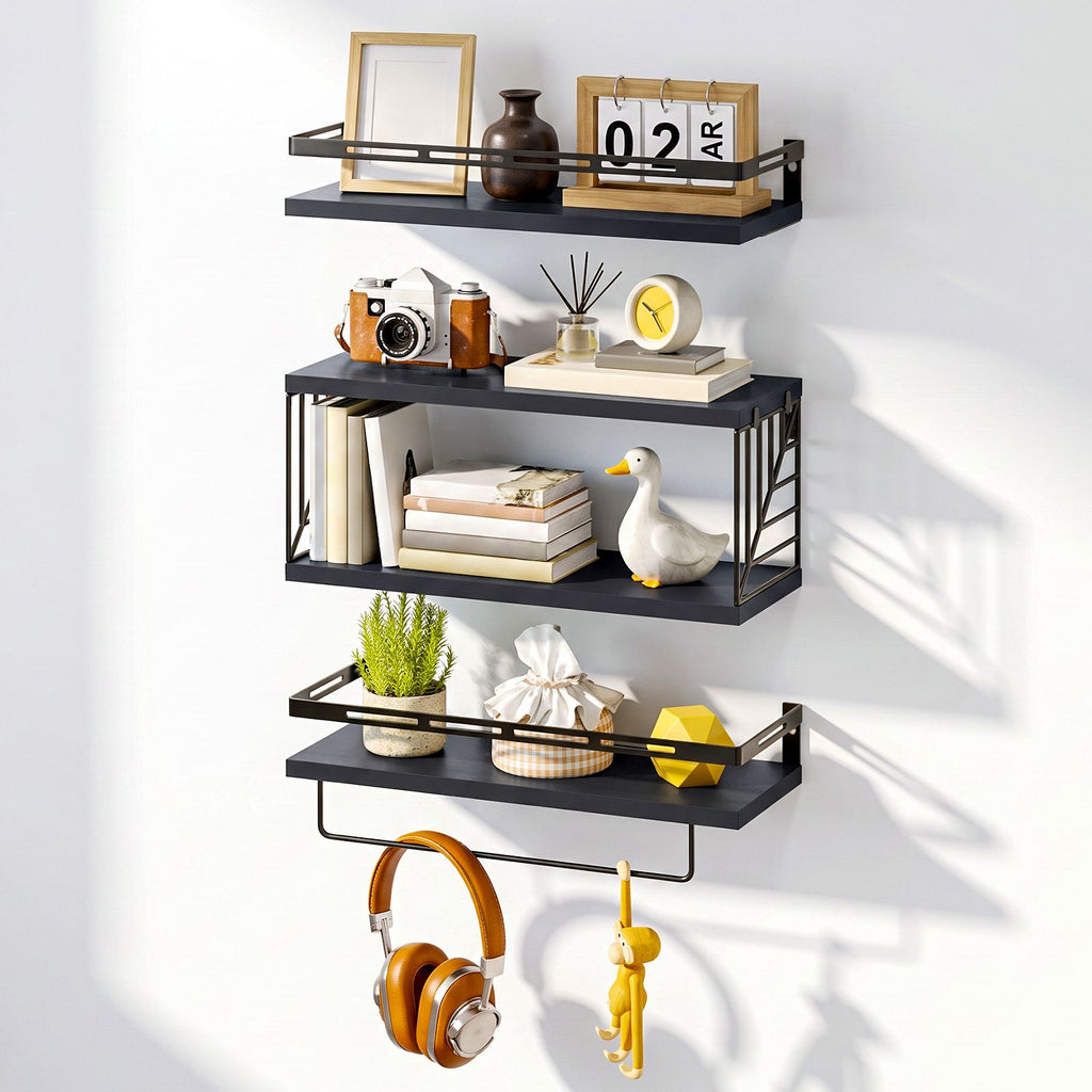 Floating Shelves for Wall Set of 3, Black Wall Mounted Shelves with Metal Guardrail, Towel Bar and Leaf Design Wire Storage Basket, Water-Resistant Paulownia Wood and Iron Wall Shelf for Bathroom, Bed