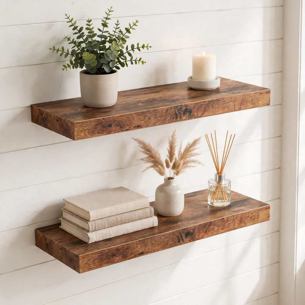 Floating Shelves Set of 2, Rustic Brown Wall Mounted Shelves, 15.8 in Wood Wall Shelf with Iron Brackets for Living Room, Bathroom, Bedroom Decor